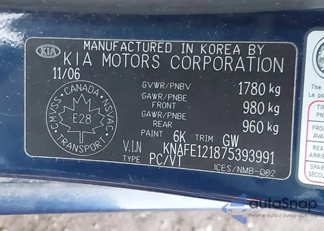 2007 Kia Spectra Ex/Lx/Sx из США, поврежденный, VIN KNAFE121875393991